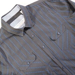 John Lennon Sz L Men’s Charcoal Stripe Dress Shirt / Blue Accents 100% Cotton